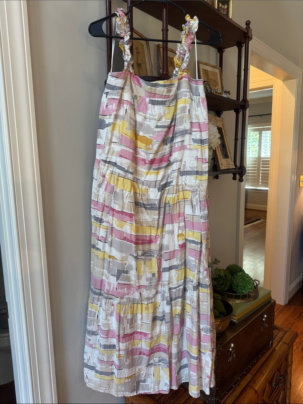 Moon River Pastel Stripe Ruffle Sundress in Pink, Yellow & Gray